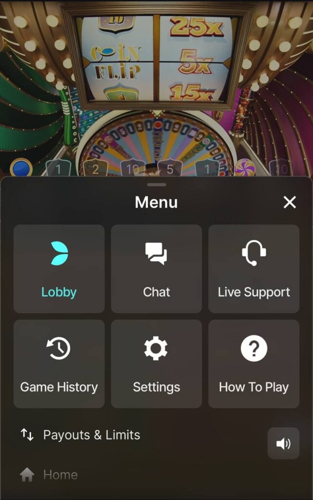 Settings and menus in Crazy Time app